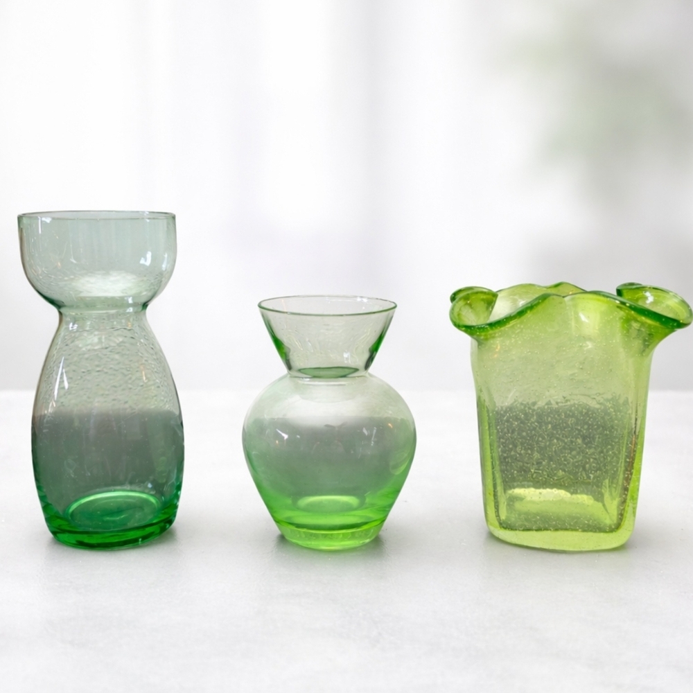 Set of 3 Vintage Handblown Green Glass Vases Ripple Bubble Art Glass